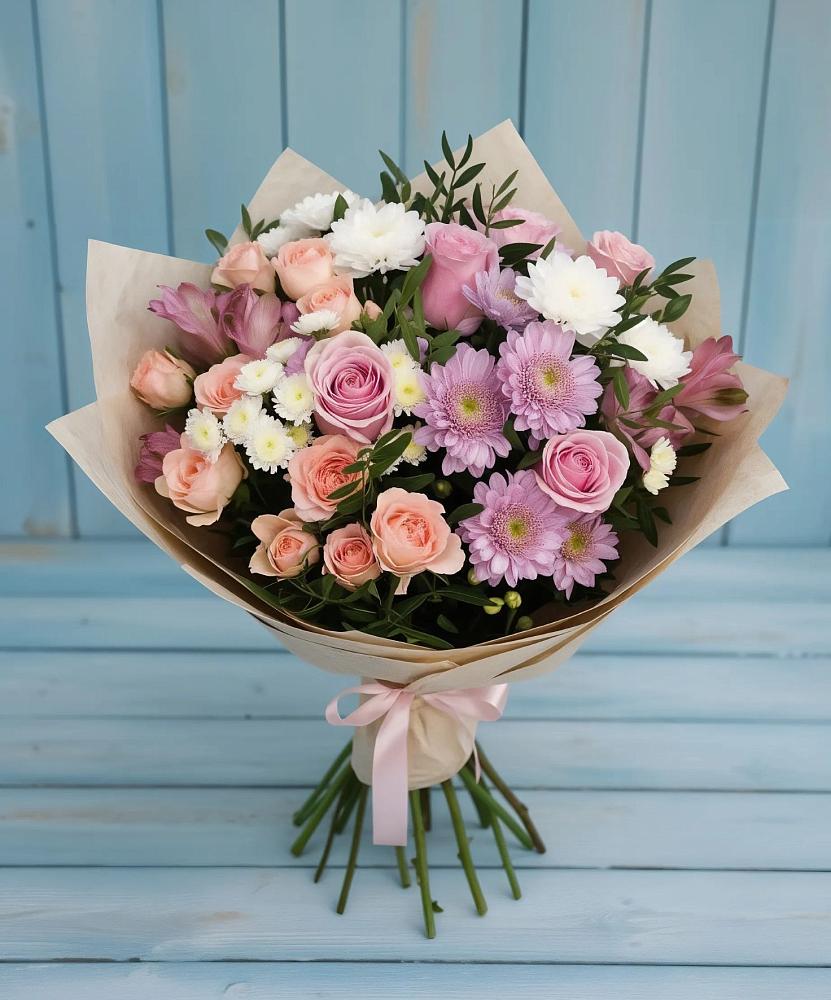 Букет цветов из: Хризантемы, Розы и Альстромерии в Новолакском