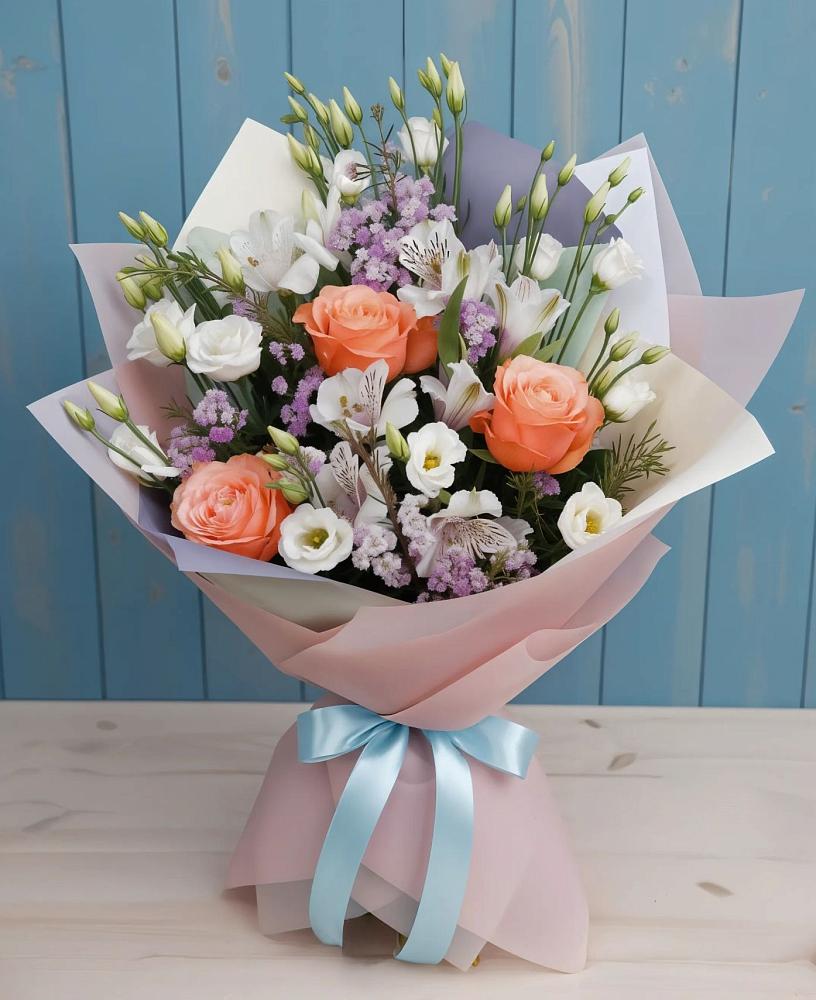 Букет цветов из: Лизиантусы, Розы, Альстромерии и Гипсофила в Новолакском