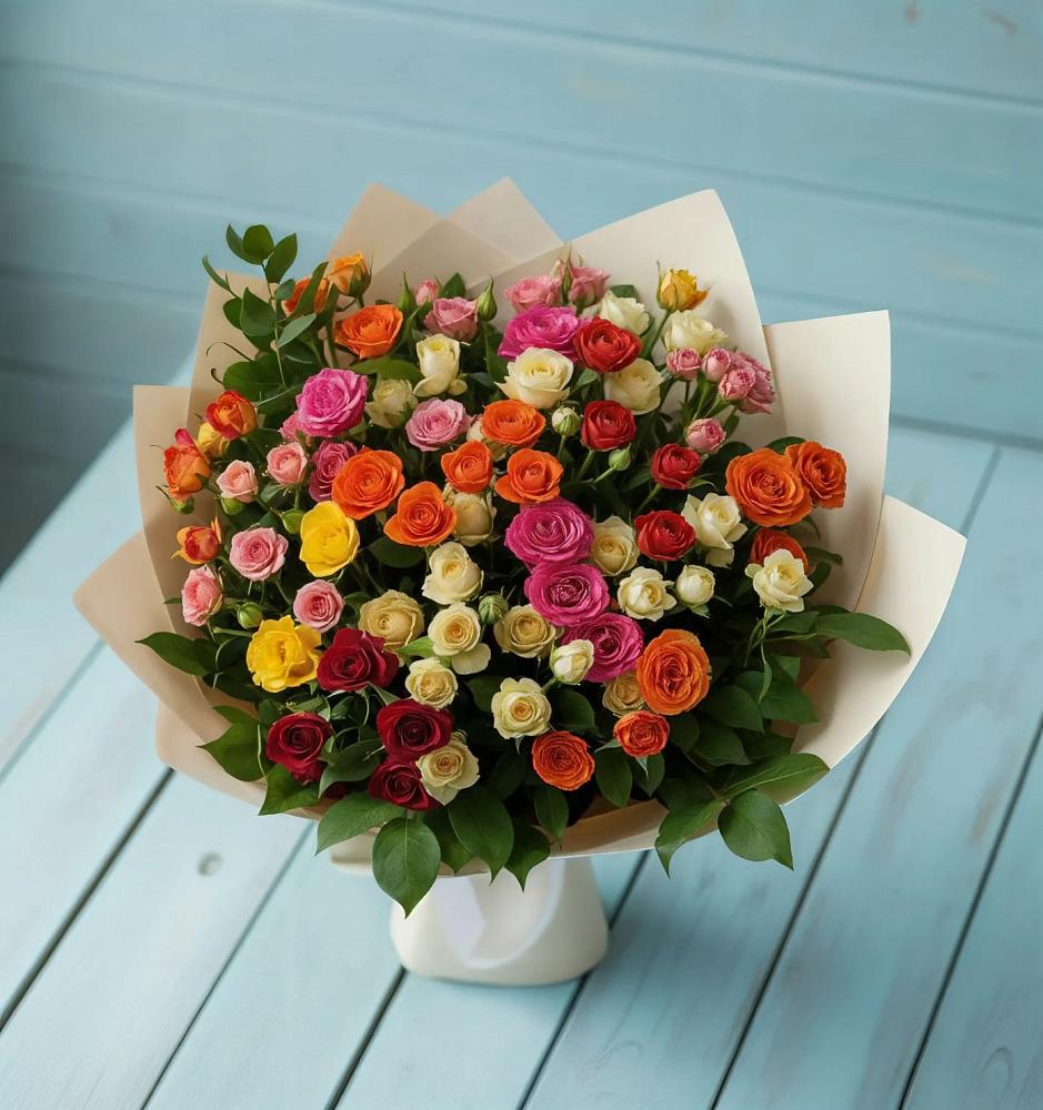 Букет Микс из разноцветных кустовых роз в Новолакском