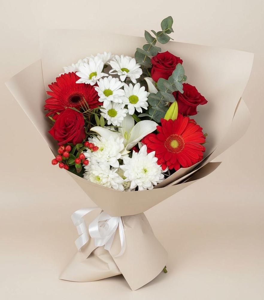 Букет цветов из: Розы, Хризантемы, Герберы и Лилии в Новолакском