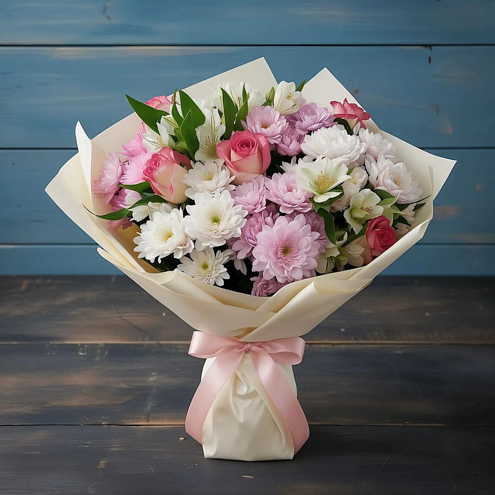 Букет цветов из: Хризантемы, Альстромерии и Розы в Новолакском